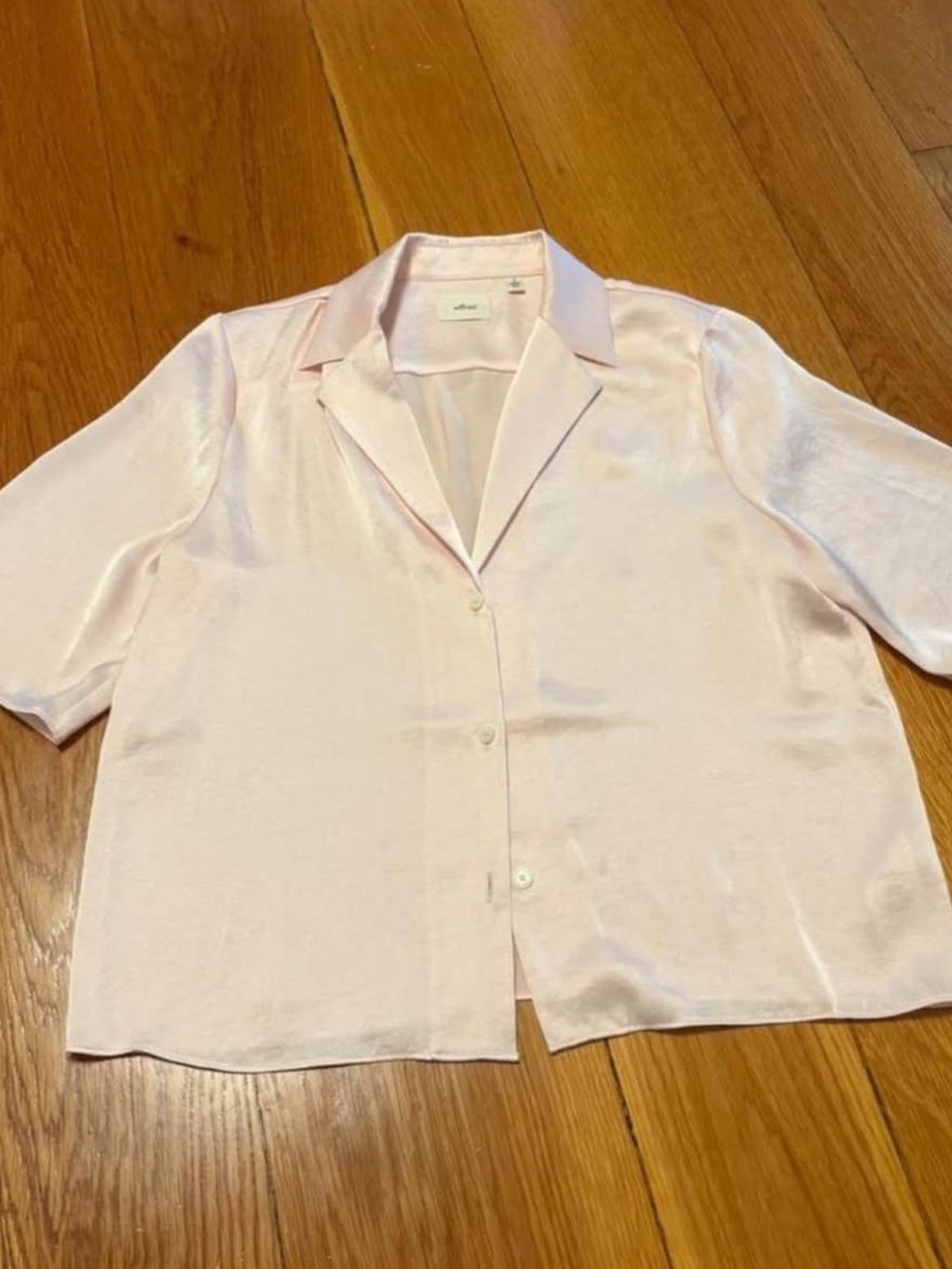 Aritzia Beso Satin Short Sleeve Button-Down Blouse / Shirt Light Pink - Picture 2 of 4